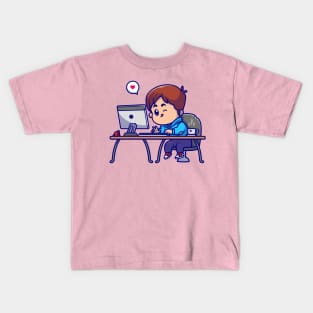 Cute Boy Working On Computer Cartoon Kids T-Shirt